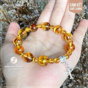 Chuỗi Mân Côi Hổ Phách kết hợp Thánh Giá Bạc nguyên chất