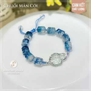 Chuỗi Mân Côi bằng đá Ưu Linh xanh biển kết hợp Mặt đá Đức Mẹ bồng Chúa Hài Đồng bọc bạc - Vòng tay rút dây dù