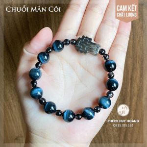 Chuỗi Mân Côi đá Mắt Hổ xanh phối hạt nhỏ đá Thạch Anh Tóc Đen - Thánh Giá đá