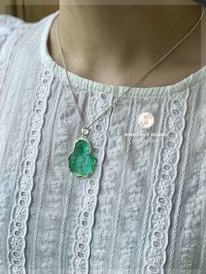 Day chuyen Bac Mat Da Obsidian xanh cham khac Duc Maria bong Chua Giesu hai dong kich thuoc dai 3cm 2