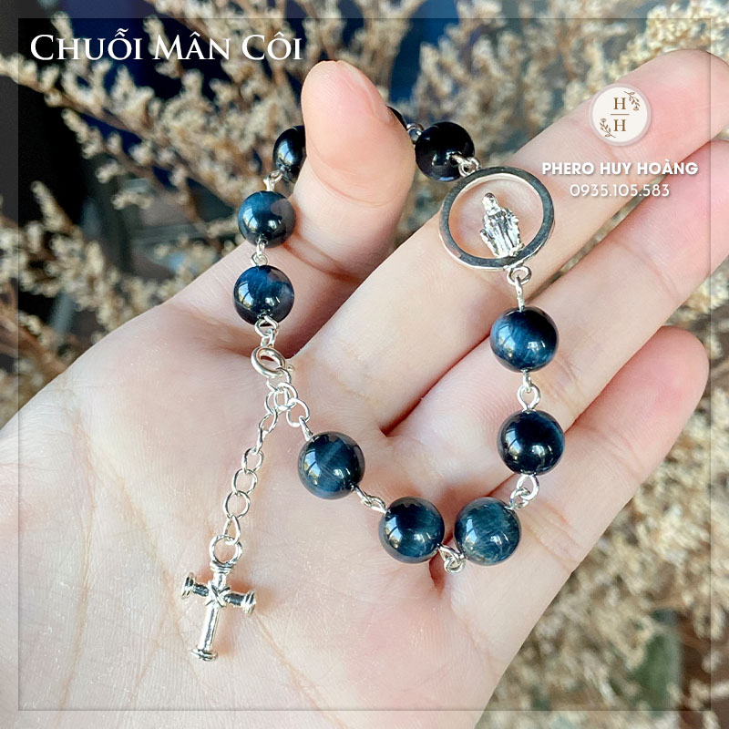 Chuỗi Mân Côi đá Mắt Hổ Xanh phối Bạc 2 Chuỗi Mân Côi đá Mắt Hổ Xanh phối Bạc - Hình ảnh 2