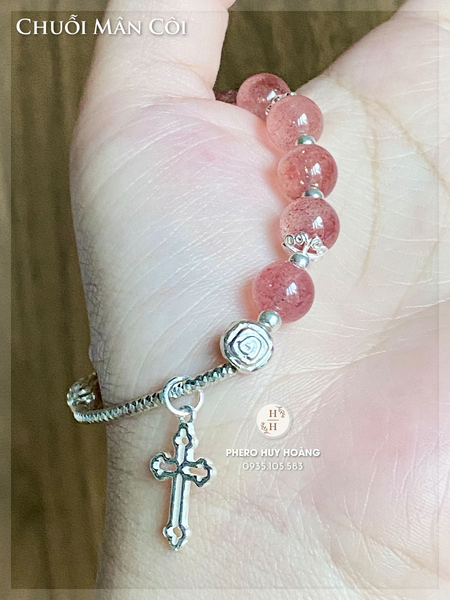Chuỗi Mân Côi bằng đá Thạch Anh Dâu Hồng phối bạc 5 Chuỗi Mân Côi bằng đá Thạch Anh Dâu Hồng phối bạc - Hình ảnh 5