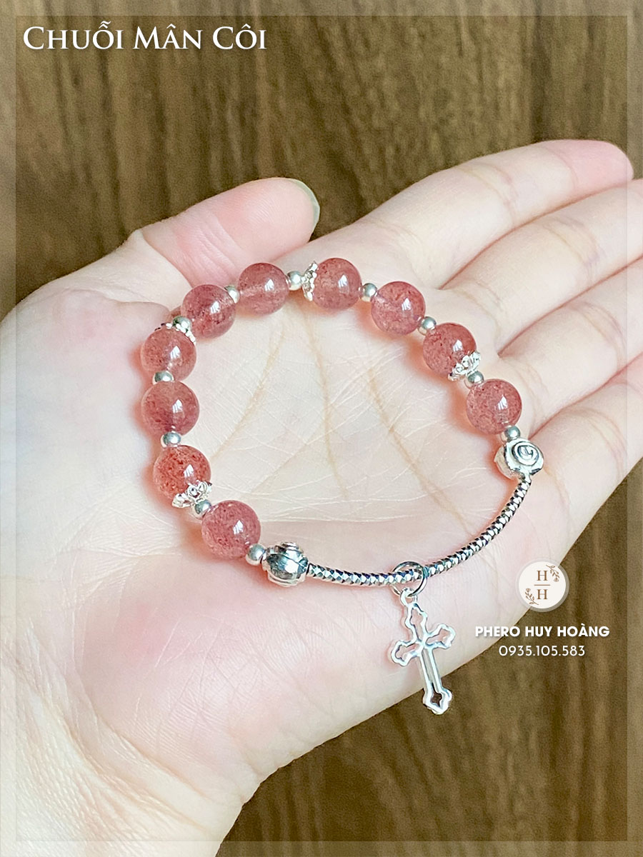 Chuỗi Mân Côi bằng đá Thạch Anh Dâu Hồng phối bạc 3 Chuỗi Mân Côi bằng đá Thạch Anh Dâu Hồng phối bạc - Hình ảnh 3